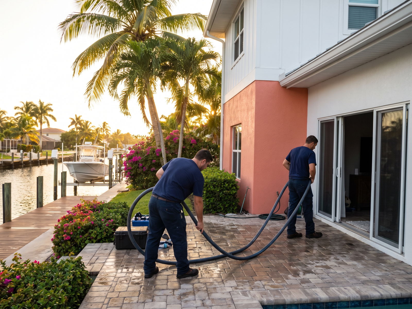 Restoration Doctor technicians rolling out extraction hose across the pool deck of a canal-front Fort Lauderdale home with a dock and boat behind them