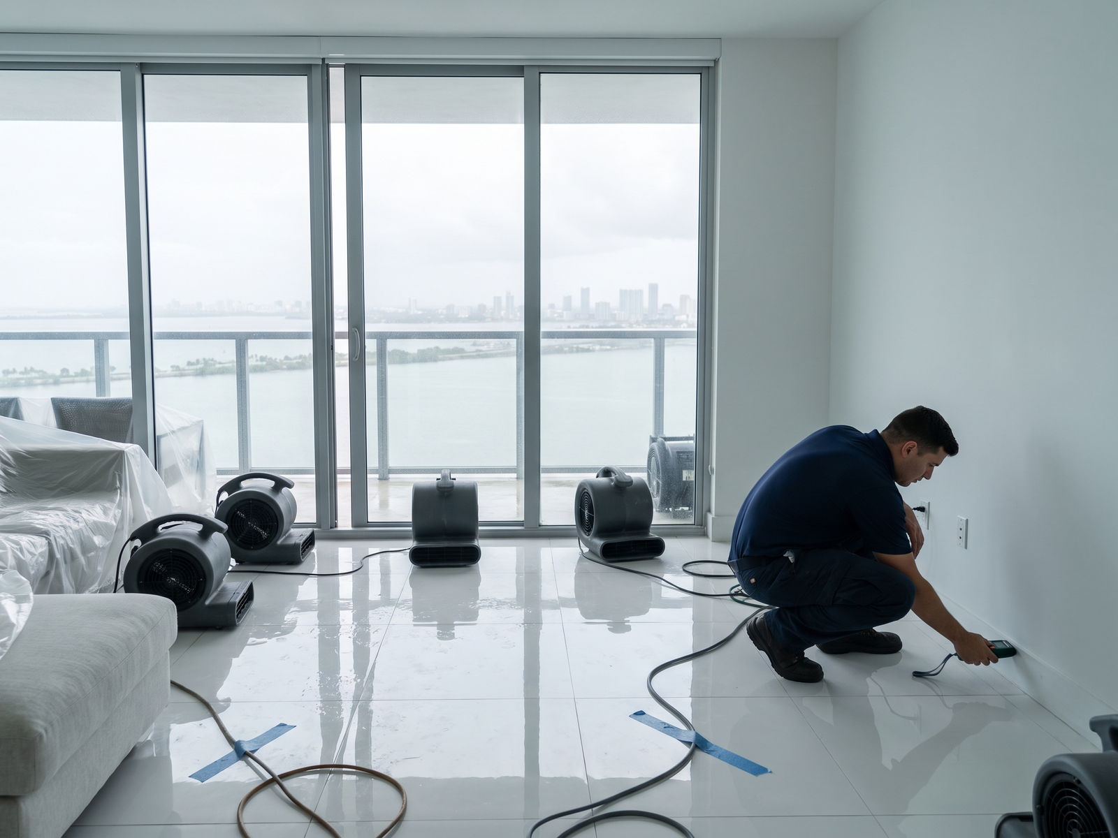 Restoration Doctor technician taking a moisture-meter reading in a Miami high-rise condo overlooking Biscayne Bay, with air movers drying a wet tile floor