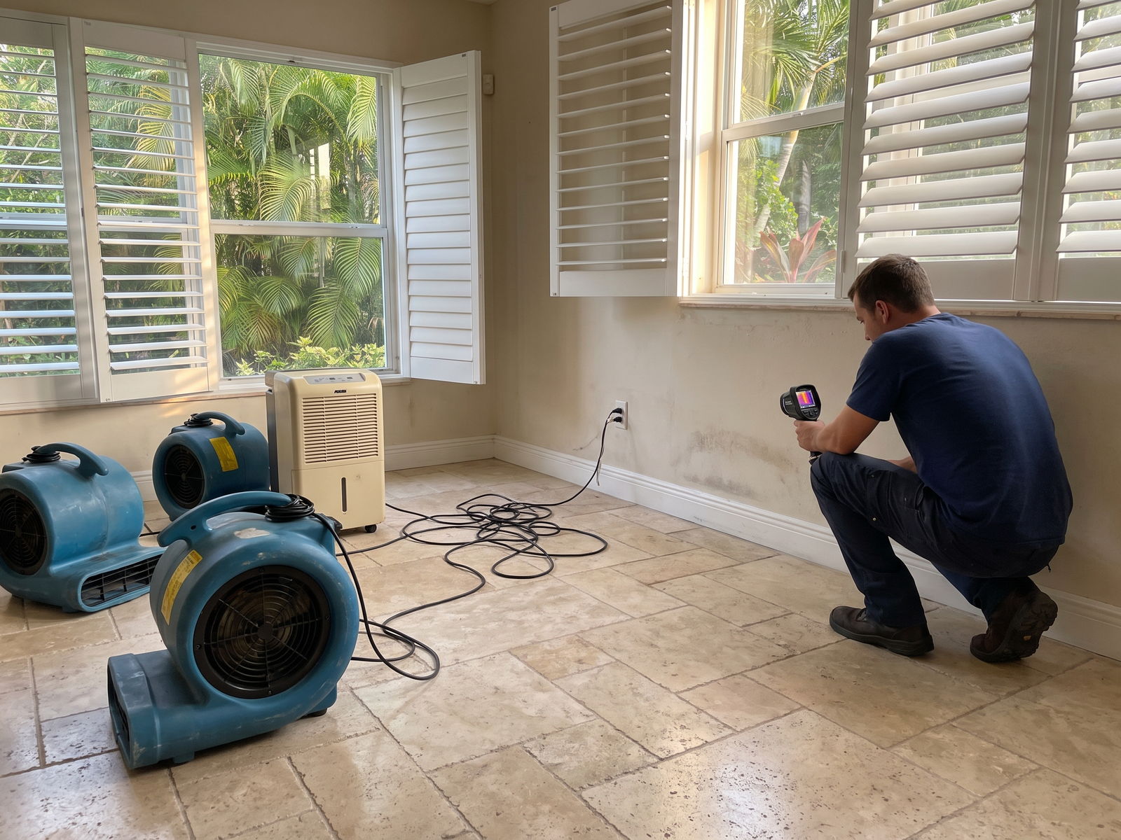 Restoration Doctor technician thermal-imaging a water-stained wall beside air movers and a dehumidifier on travertine flooring in a South Florida home with plantation shutters