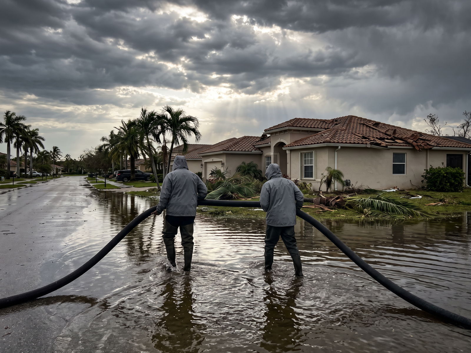 Restoration Doctor technicians running extraction hose down a flooded palm-lined South Florida street after a hurricane, beside a home with a storm-damaged barrel-tile roof